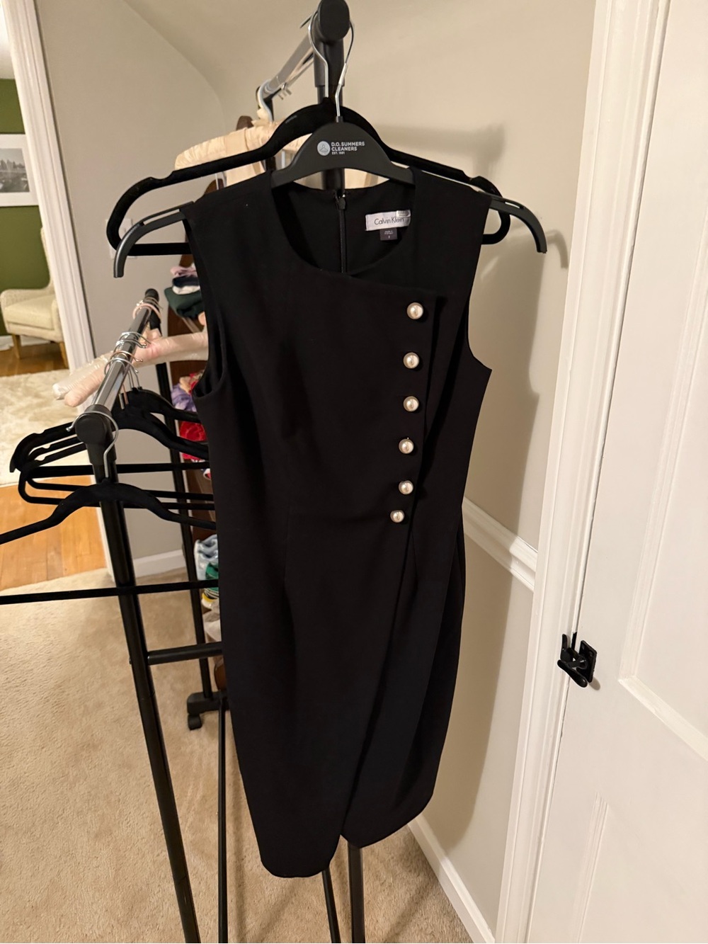 Calvin Klein Black Sleeveless Sheath Dress with Pearl-Style Buttons